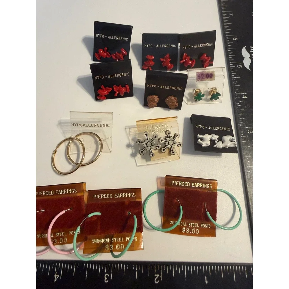 Vintage Deadstock Earring Lot Hypoallergenic Studs Enamel Hoops Animals 11 Pairs
